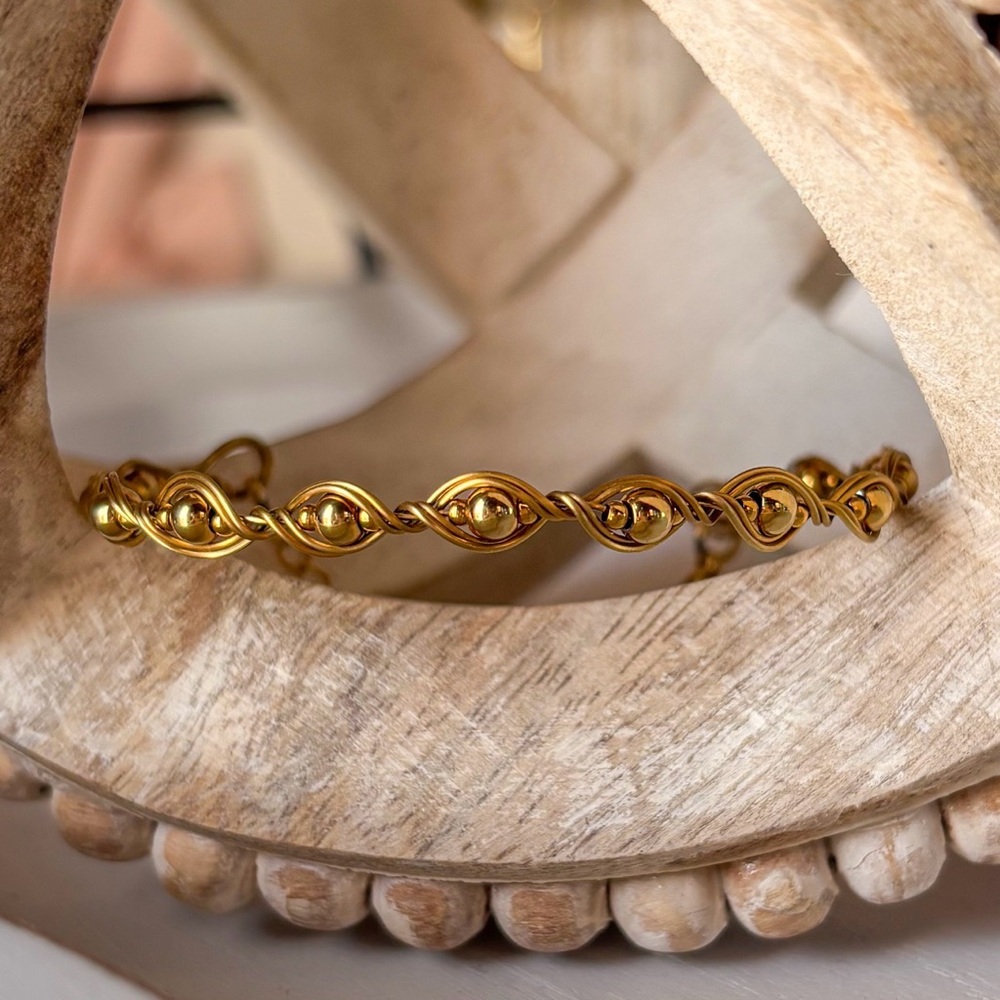 Gold Stainless Steel Twisted Bead Bangle Bracelet